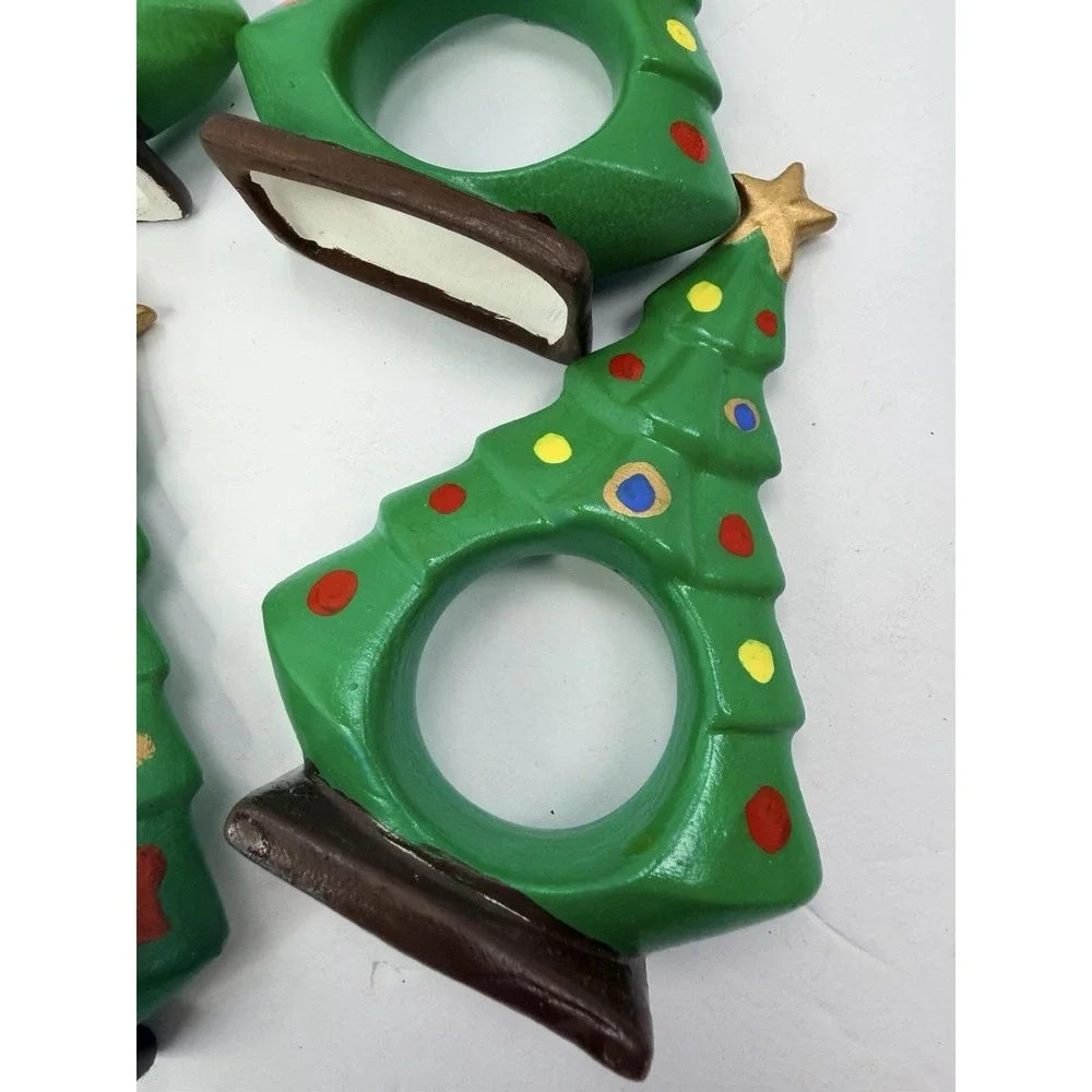 Hand painted Ceramic Christmas Tree Napkin Ring Holders Holiday Home Decor Lot